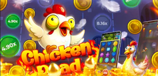 Chicken character reaching safe zone in exciting road casino game